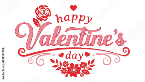 Happy Valentine's Day greeting with red roses and hearts on white background
