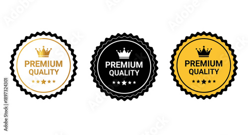 Premium quality guarantee badges with crown and stars icons  high quality labels
