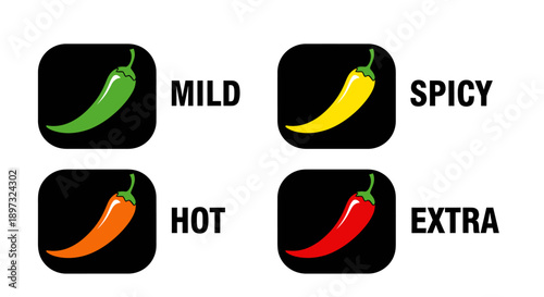 Colorful chili pepper icons with mild spicy hot extra labels