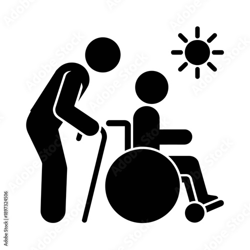 Elderly person assisting a disabled child in a wheelchair under the sun