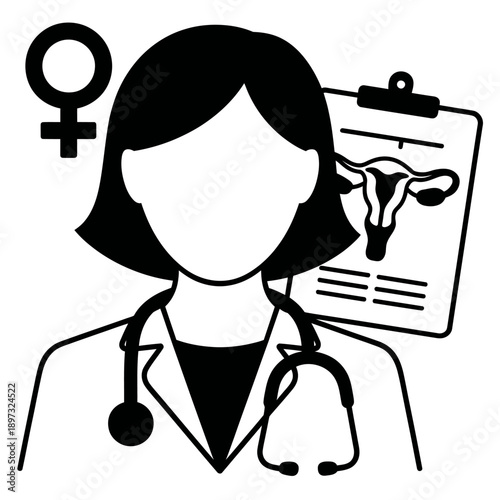 Female doctor with stethoscope and clipboard with female reproductive system drawing