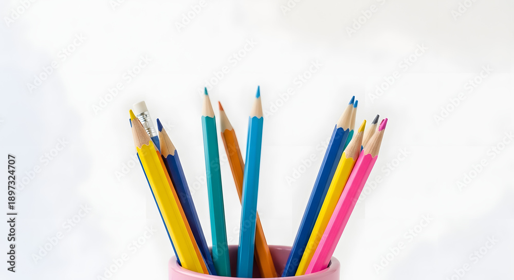 Fototapeta premium Colorful assortment of wooden pencils in a pink cup holder, against a bright white background, symbolizing creativity.