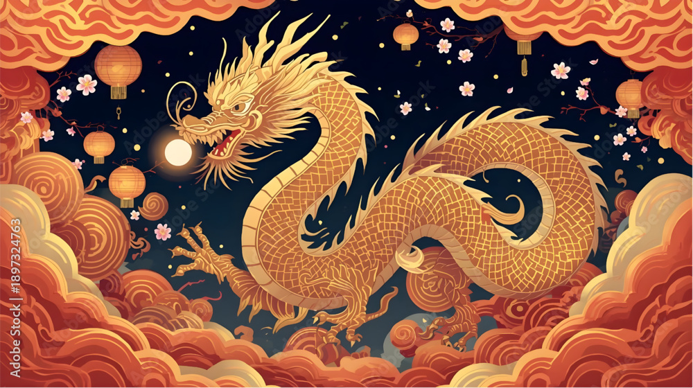 Fototapeta premium Golden Dragon Illustration in Clouds.