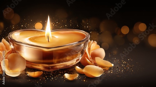 Heart shaped candle glowing with warm light next to rose petals