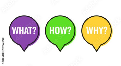 Three colorful speech bubbles with question words on white background