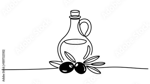 Continuous line drawing of an oil bottle with olives and leaves