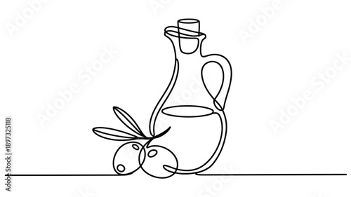 Continuous line drawing of olive oil jug with olives on a surface