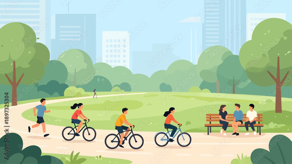 Naklejka premium Vibrant City Park Scene With Bikers, Jogger, And Friends Sitting On Bench