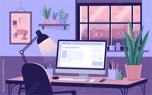 Lo-fi vector illustration of a calm minimalist home office desk with computer, lamp, potted plants, and stationery in soft pastel colors.