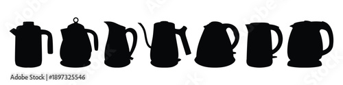 Electric kettle water heater silhouette set isolated on white background vector illustration