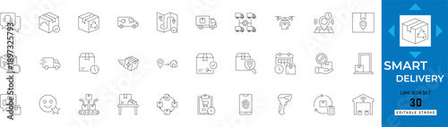 Smart delivery line icon set featuring logistics, autonomous, drone, tracking, shipping, global, express, automation, technology, courier editable solid vector icons set.