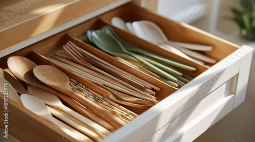A neatly organized drawer reveals a variety of reusable straws and utensils, highlighting the importance of reducing plastic usage in everyday life. The arrangement illustrates how to incorporate