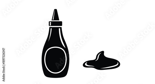 Black sauce bottle with spilled liquid a striking graphic silhouette