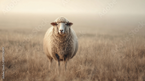 Fluffy merino sheep standing in a field of dry grass at sunset