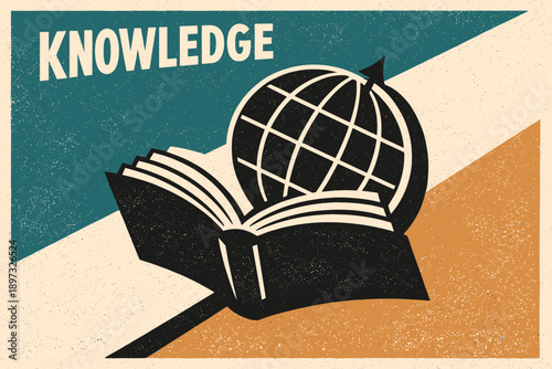 Knowledge poster vector artwork. Open book with globe symbolizing education, learning and global understanding