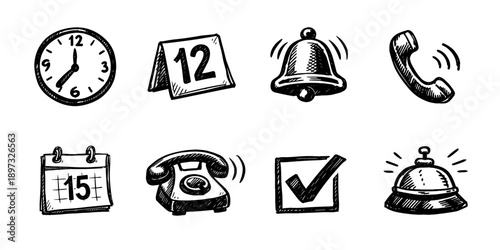 Notification symbols sketch icon collection in black. Set of eight alert icons in doodle style