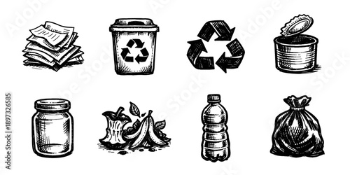 Recycling waste sketch icon collection in black. Set of trash sorting, reusable materials, garbage disposal and eco recycling icons in doodle style