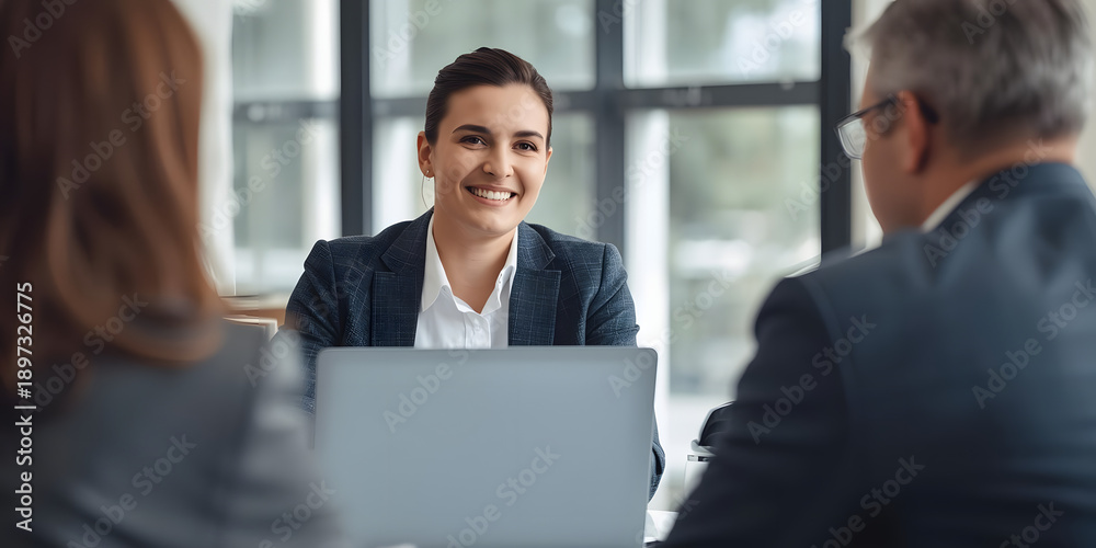 Obraz premium Smiling Businesswoman Meeting with Colleagues in Modern Office, Laptop on Desk, Teamwork and Collaboration in Corporate Environment