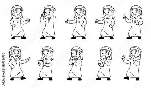 Arab Young Happy Men in Traditional Clothing Vector Action & Interaction Set