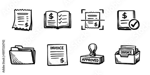 Financial documents sketch icon collection in black. Set of invoices, receipts, billing and accounting paper icons in doodle style