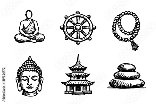 Buddhist meditation sketch icon collection in black. Set of six zen icons in doodle style