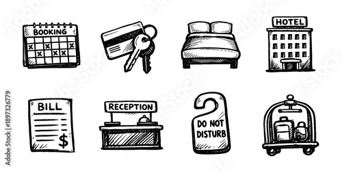 Hotel service sketch icon collection in black. Set of eight hospitality icons in doodle style