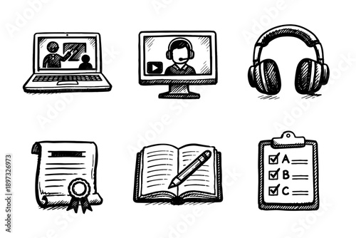 Online education sketch icon collection in black. Set of laptop, video lesson, headset and study icons in doodle style