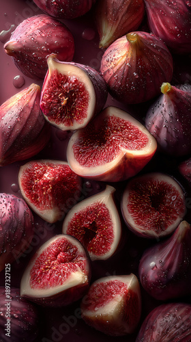 a large abundance of fresh ripe figs, arranged aesthetically. Many figs are cut in half, revealing their juicy ruby interiors