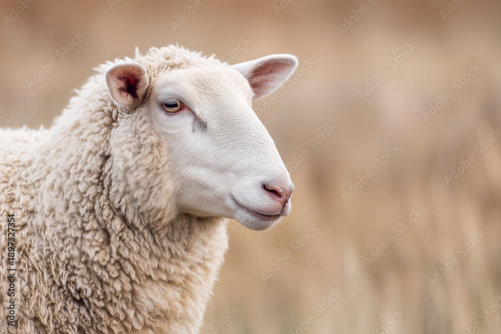 Obraz premium Face of a white sheep on a soft, blurred background of autumn dry grass