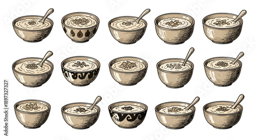 Vintage hand-drawn porridge bowl with spoon icon set, engraved congee and oatmeal sketch illustrations isolated on white background