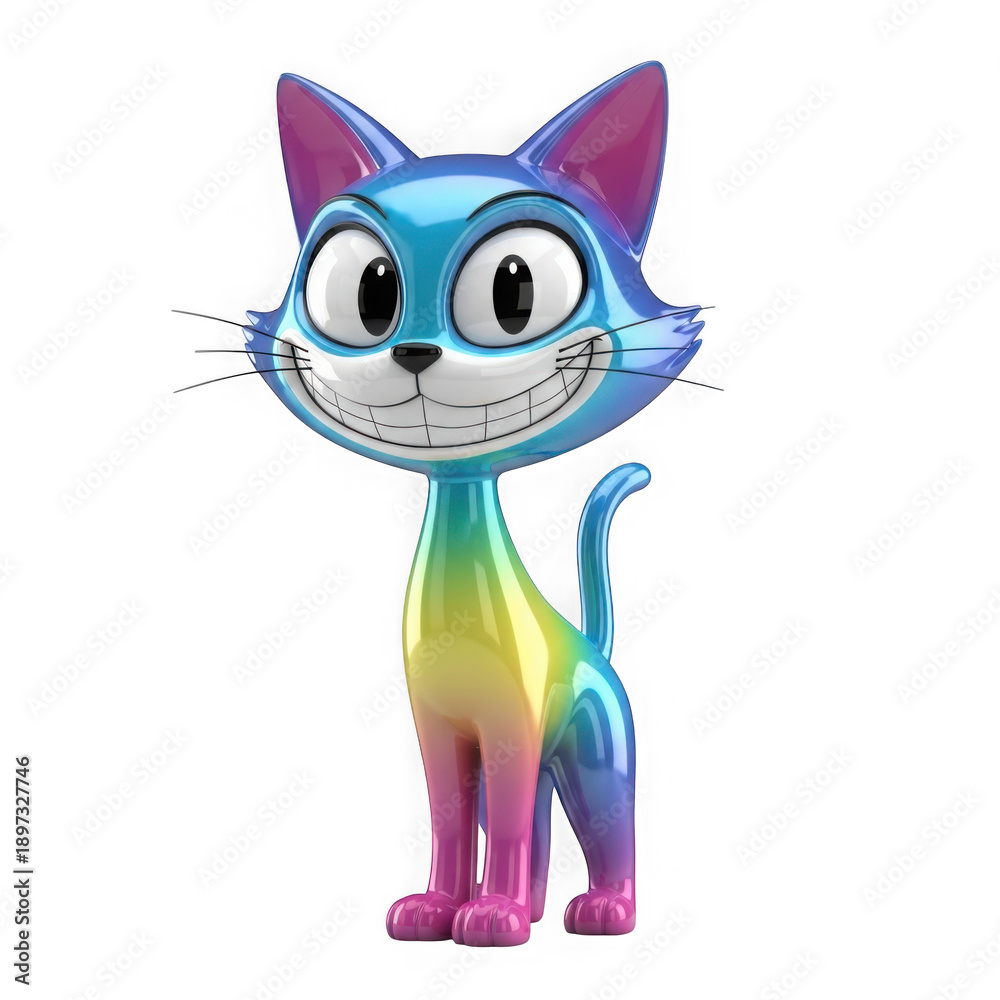 Fototapeta premium Vibrant 3d rendered cartoon cat with rainbow colors and shiny texture isolated on transparent background