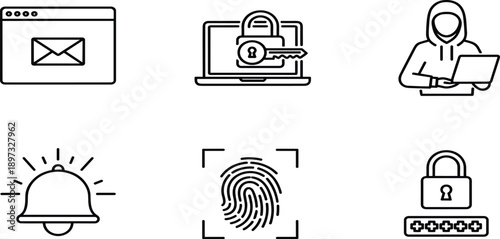 Cyber security line icon set featuring encrypted laptop email notification hacker with computer fingerprint biometric scan alarm bell and passwordCyber security line 