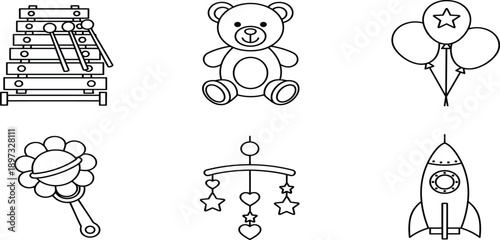 Baby childhood toy line icon set featuring teddy bear xylophone balloons rattle crib mobile and rocket for nursery and educationBaby childhood toy line icon set 