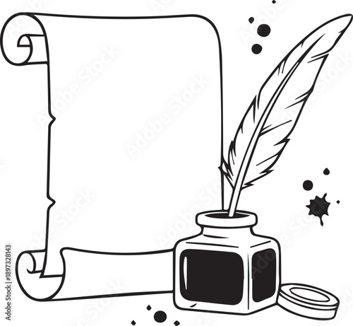 Scroll with Quill and Ink Bottle Illustration — Ideal for Educational Editorials, Literary Themes, and Historical Writing or Poetry Visuals