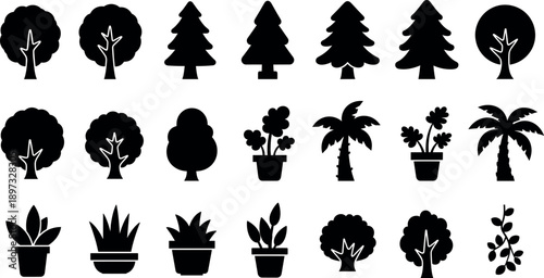tree and plant silhouette icon set with pine palm deciduous trees and potted plants for landscape branding