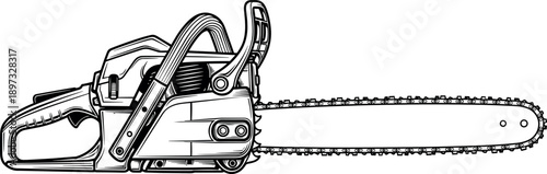 Black and white chainsaw illustration isolated on white, detailed power tool line art, professional lumberjack equipment design, mechanical cutting machine concept