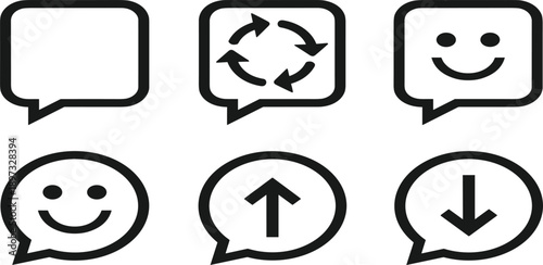 Communication speech bubble line icon set featuring empty chat boxes refresh cycle smiley faces and directional up or down arrow symbolsCommunication speech bubble line 