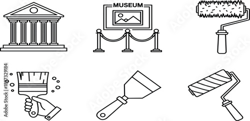 Museum art gallery line icon set featuring classical building exhibit painting with rope barrier paint rollers brush and putty knifeMuseum art gallery line icon set 