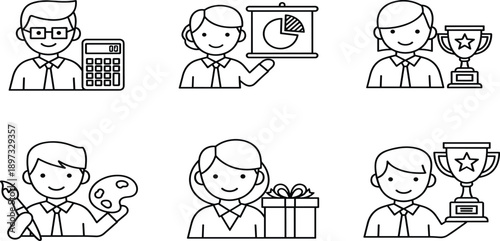 Business professional line icon set featuring office workers with calculator presentation chart trophy award gift box and creative artist paletteBusiness professional line icon set 
