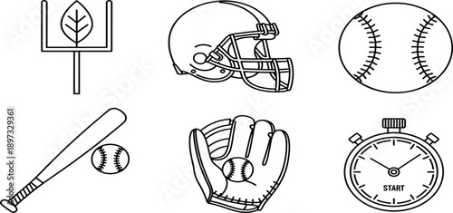 Baseball sports line icon set featuring leather glove wooden bat ball protective helmet goal post and stopwatch for game timingBaseball sports line icon set featuring leather glove 