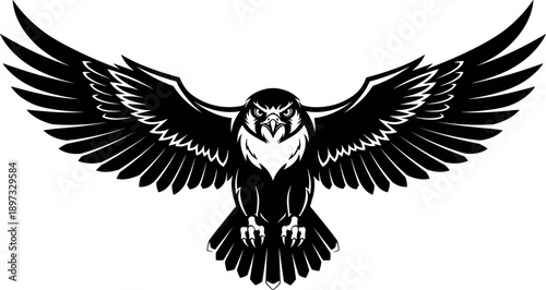 Black and white eagle mascot illustration with wide spread wings, fierce bird of prey logo design, bold symmetrical silhouette, modern tribal emblem style