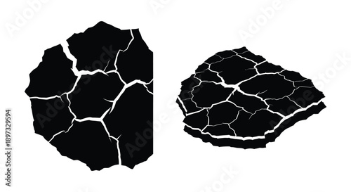 Two fractured rock formations depicted in a stark black silhouette