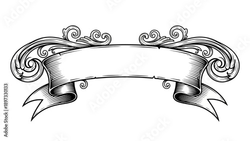 Elegant ornamental ribbon banner with intricate scrollwork in vintage engraving style