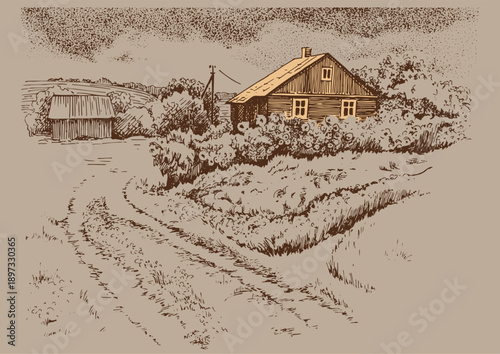 Rural scenery landscape panorama of countryside pastures. Vector sketch illustration