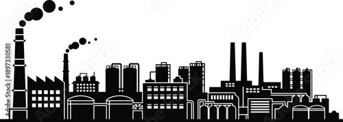 Industrial factory skyline silhouette with smokestacks and refineries, black and white vector illustration representing manufacturing and pollution