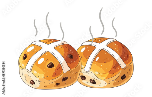 Warm and freshly baked traditional hot cross buns with steam rising