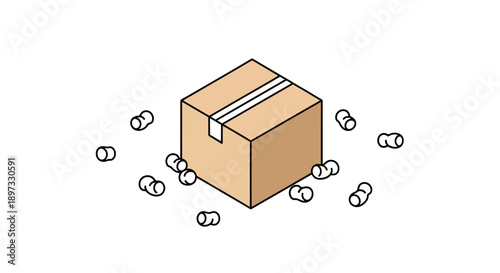 Simple illustration of a cardboard box with packing peanuts around it.