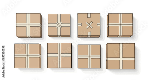 Eight brown cardboard boxes with white tape on a white background.