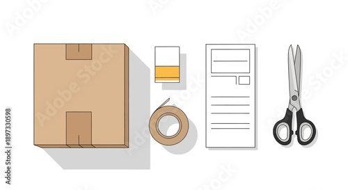 Packaging and shipping supplies with scissors and label.