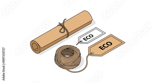 Eco-friendly packaging materials with labels and twine.